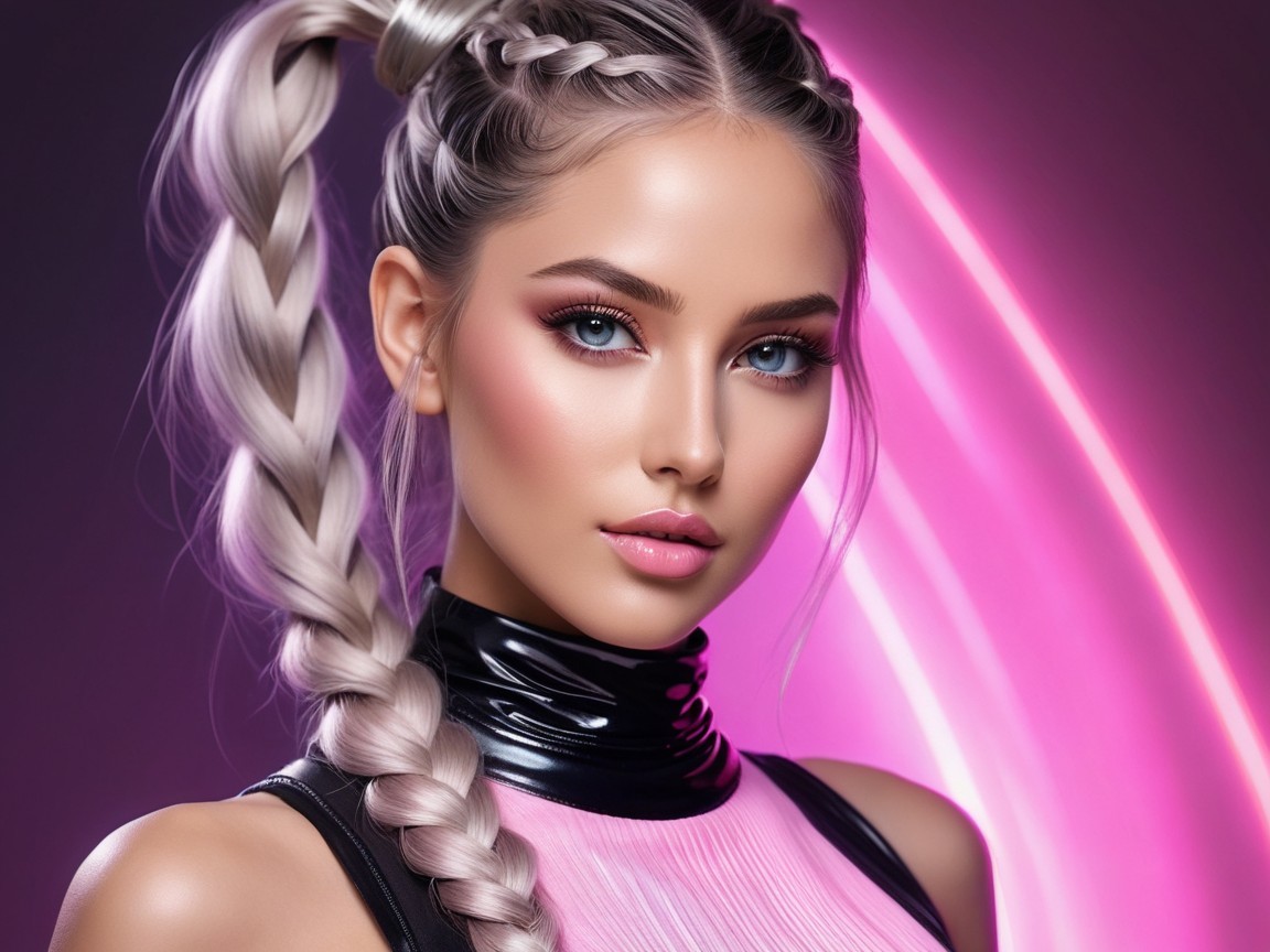 Portrait of a young woman with braided hair and neon lights