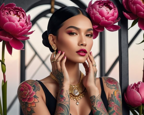 Portrait of a woman with gold jewelry and pink accents