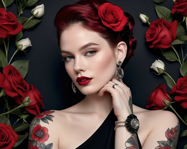 Elegant Woman with Red Hair and Roses on Dark Background