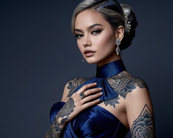 Portrait of a Woman in Navy Gown with Tattoos and Makeup
