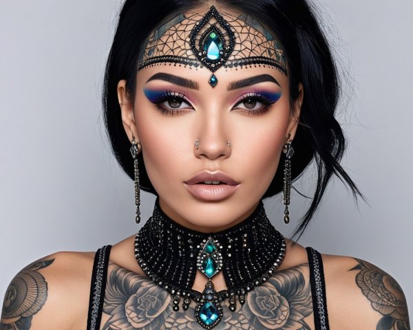 Woman with Vibrant Makeup and Intricate Jewelry