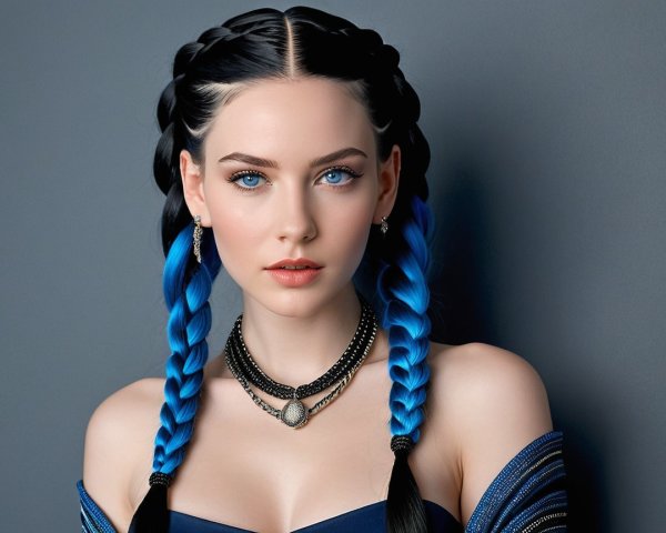 Young woman with blue-tipped braids and jewelry