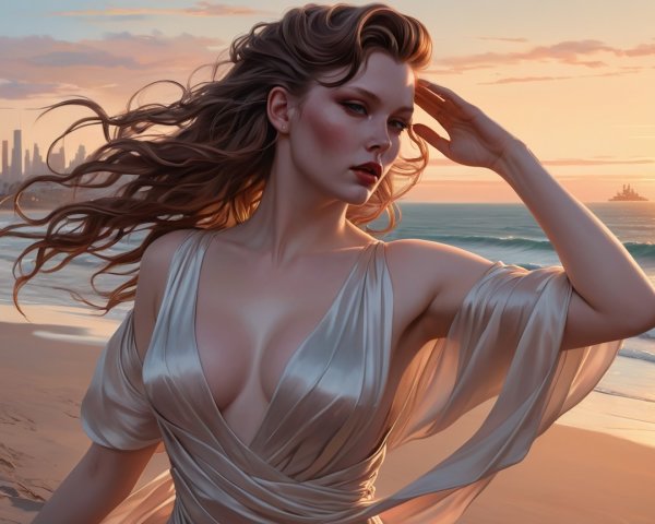 Woman in Silver Dress on Beach at Sunset