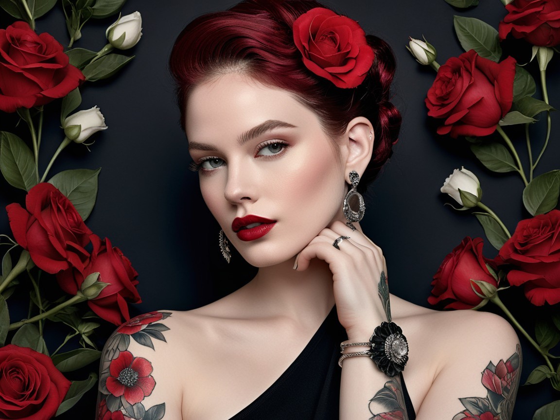 Elegant Woman with Red Hair and Roses on Dark Background