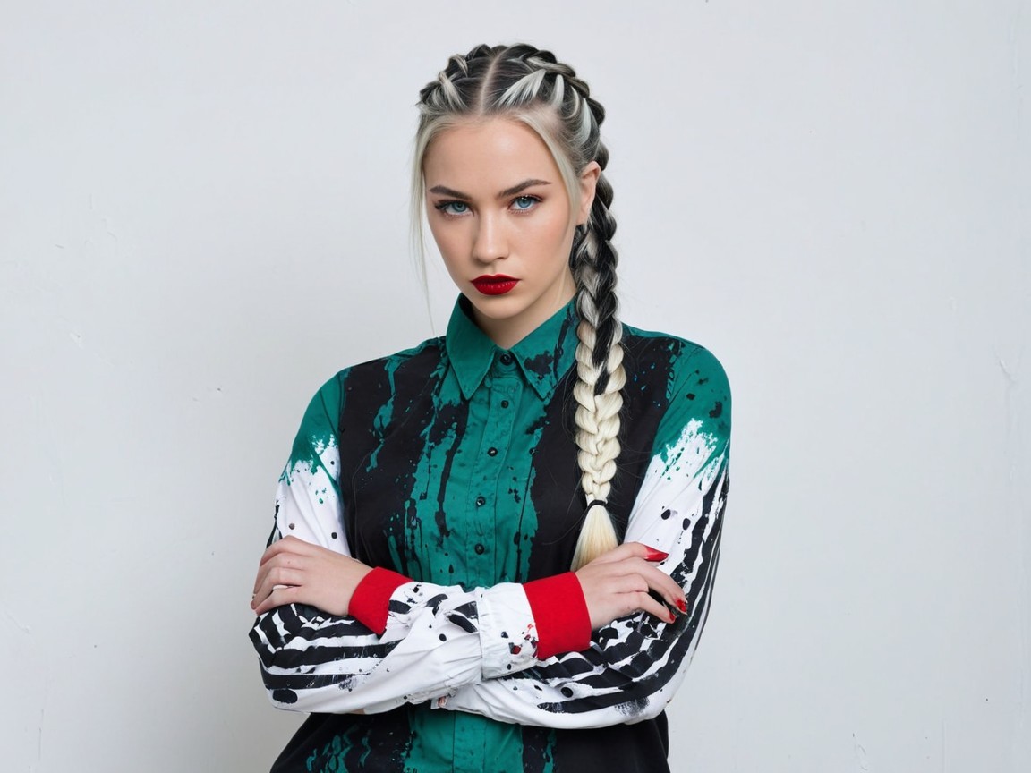 Confident Model in Bold Paint-Splatter Fashion Outfit