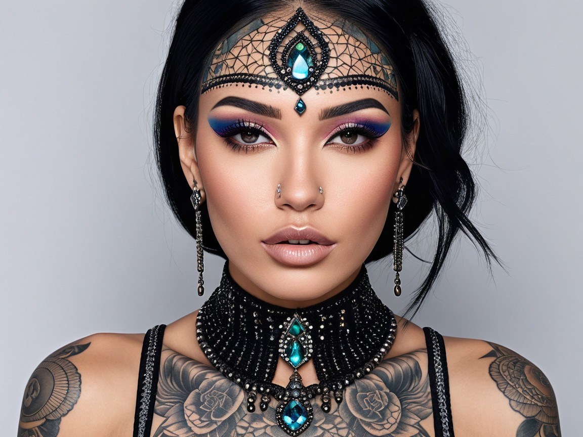 Woman with Vibrant Makeup and Intricate Jewelry