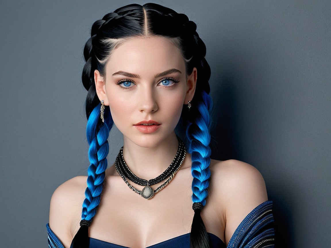Young woman with blue-tipped braids and jewelry