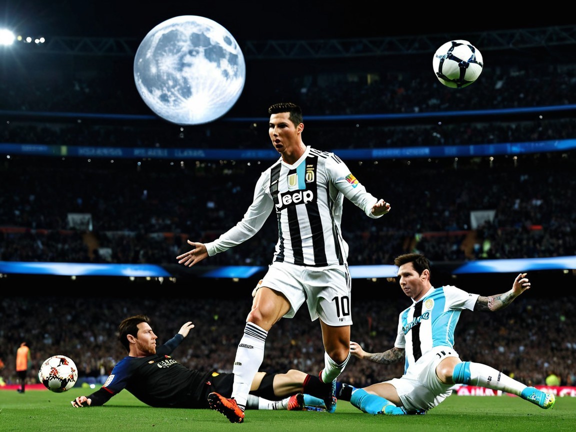 Dramatic football match moment under a bright moon