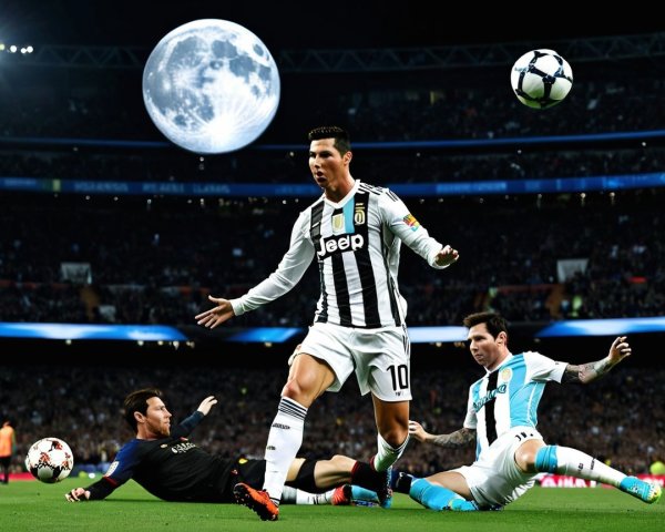 Dramatic football match moment under a bright moon