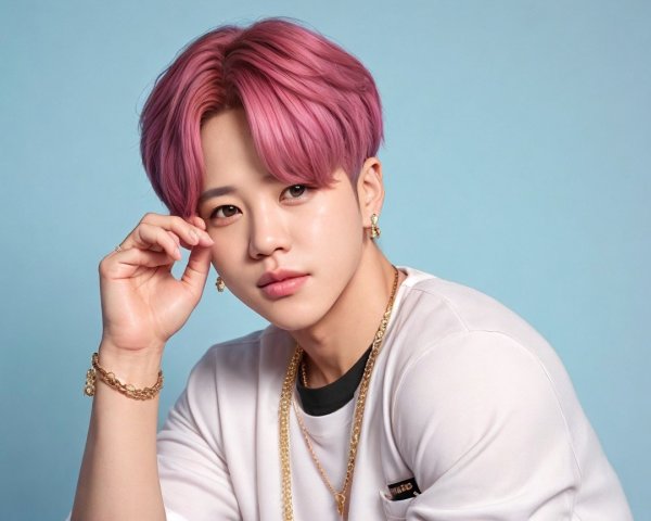 Young person with pink hair and casual fashion