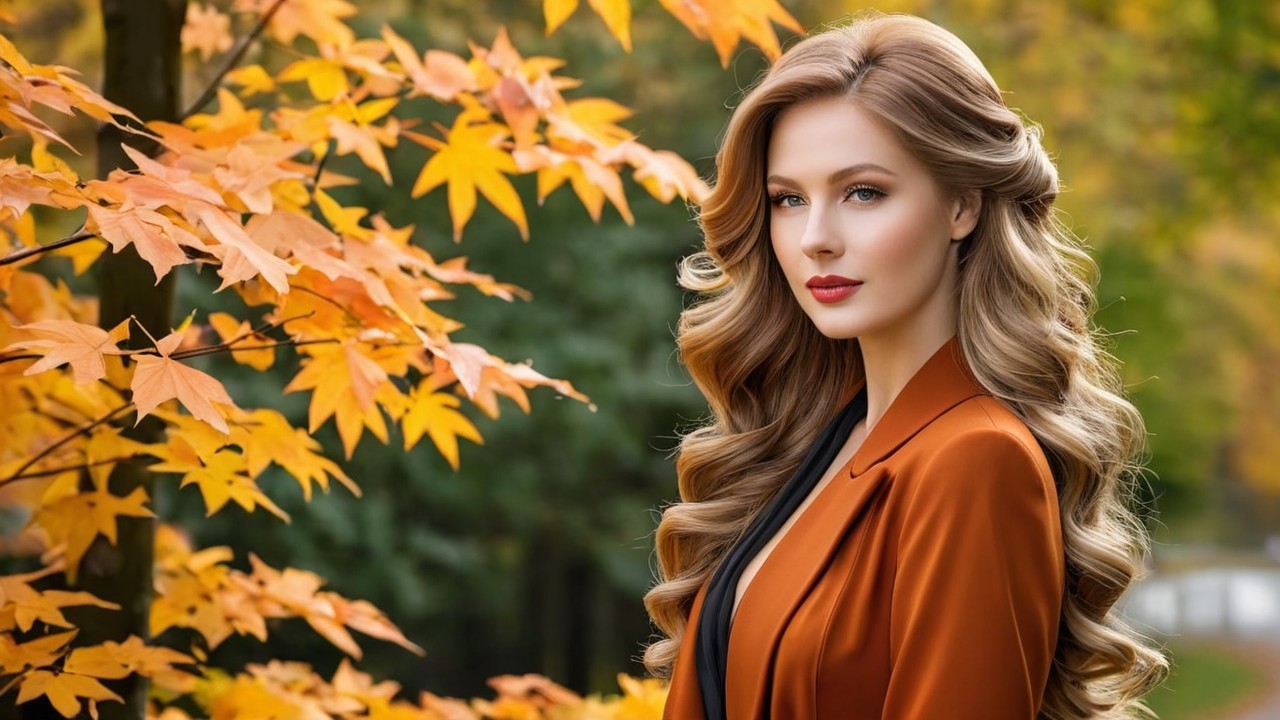 Woman in orange blazer beside autumn tree leaves
