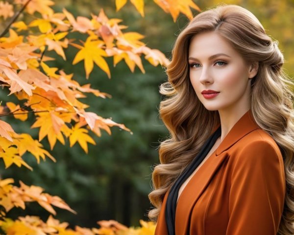 Woman in orange blazer beside autumn tree leaves