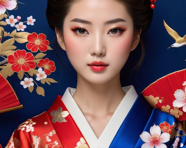 Portrait of a woman in a vibrant floral kimono