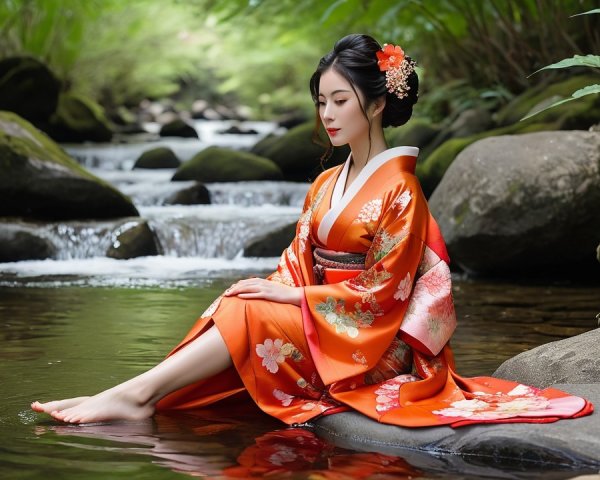 Woman in Orange Kimono by a Flowing Stream
