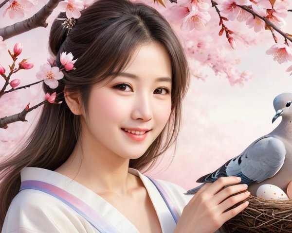 Young woman in cherry blossoms with dove and eggs