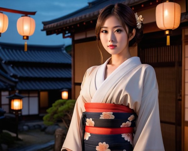 Young Woman in Kimono Amidst Scenic Evening Setting