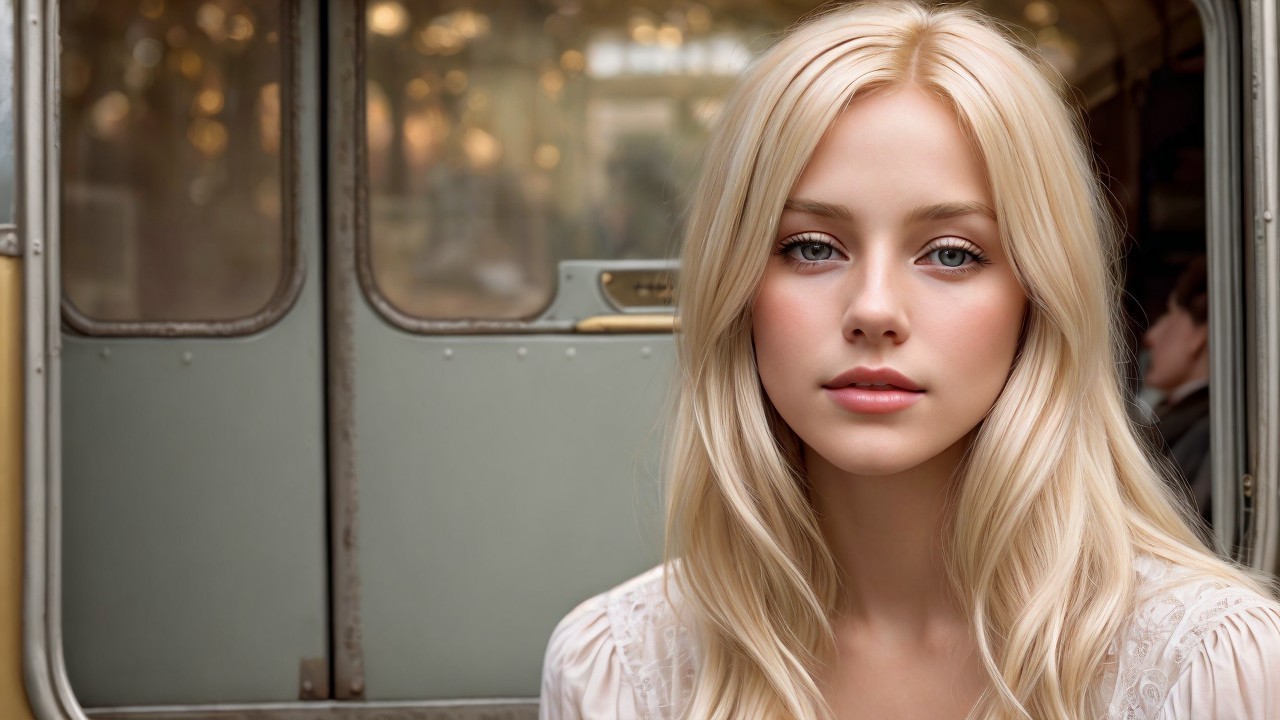 Young Woman in Serene Train Interior Setting