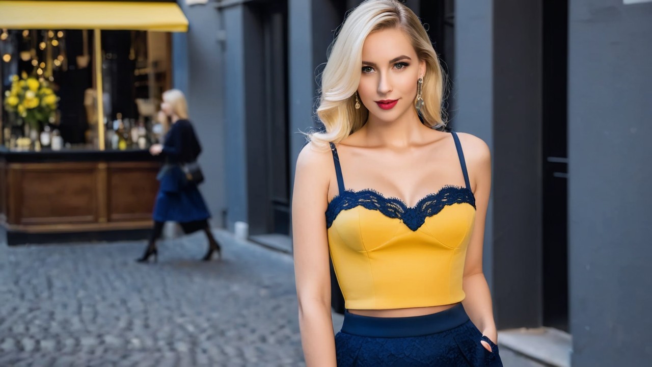 Stylish Woman in Yellow Outfit on Cobblestone Street