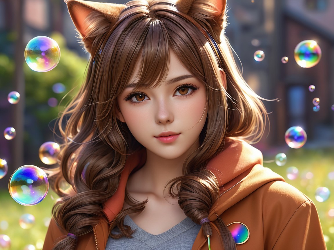 Young woman with cat ears in vibrant outdoor setting