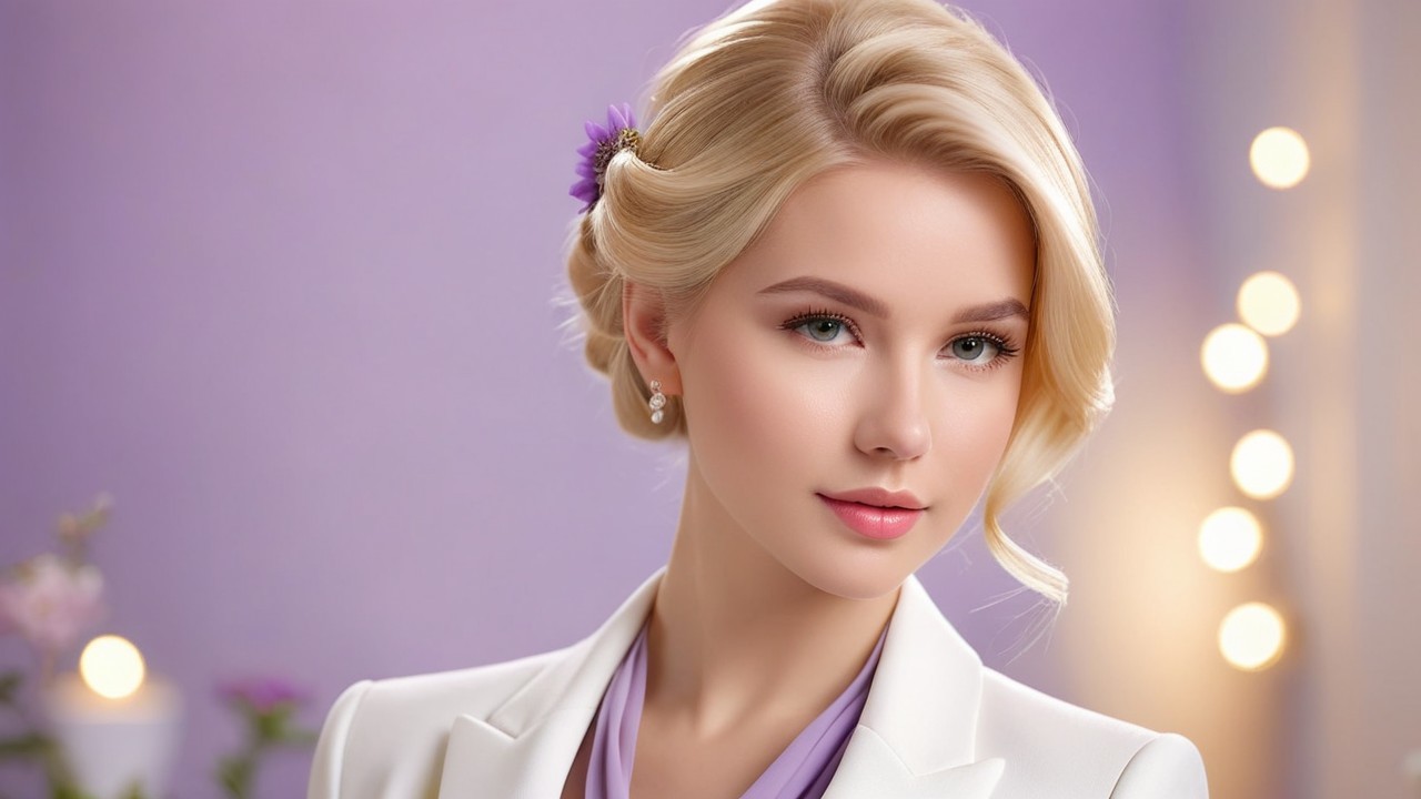 Elegant Young Woman in White Blazer and Lilac Blouse