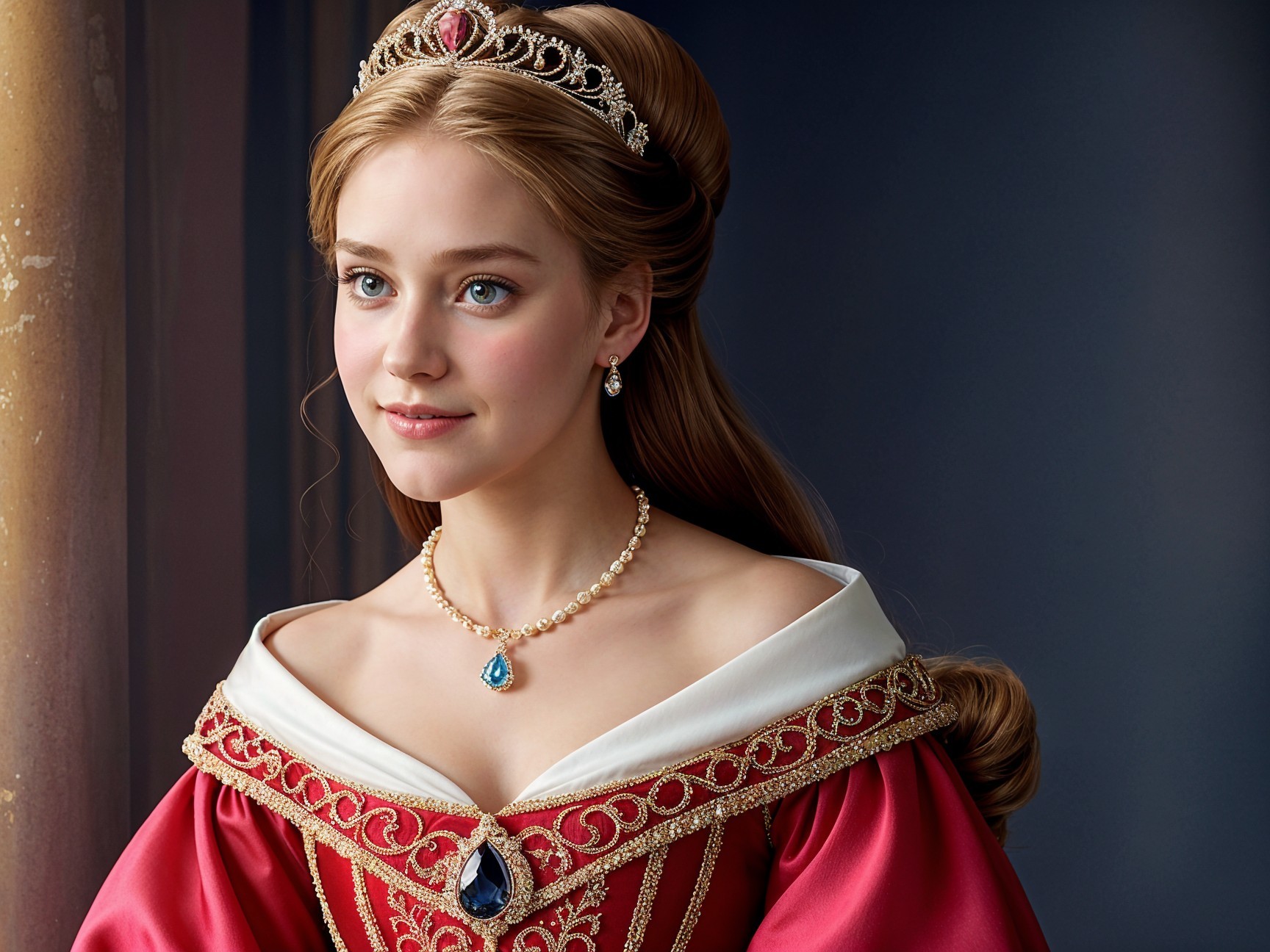 Young Woman in Regal Red Gown with Golden Embroidery