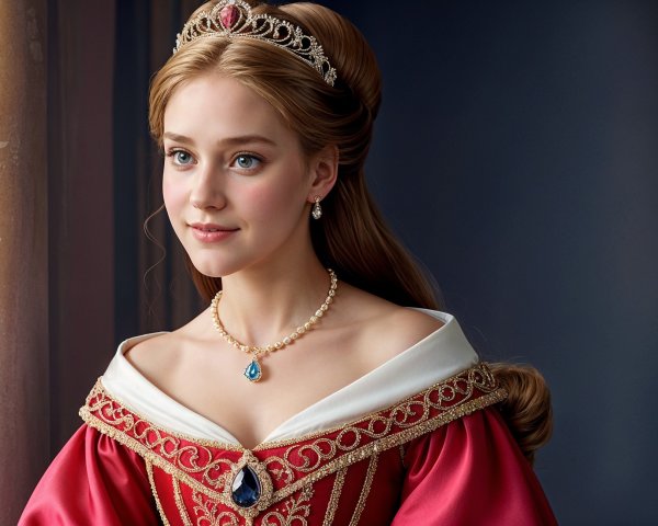 Young Woman in Regal Red Gown with Golden Embroidery