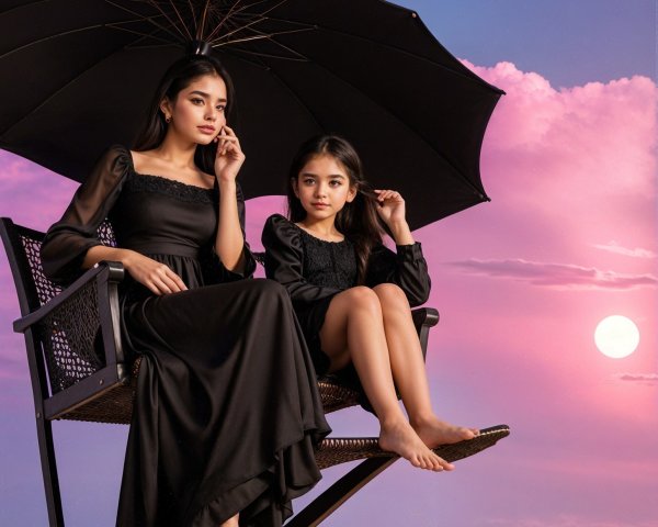 Young Women in Elegant Attire Against Sunset Sky