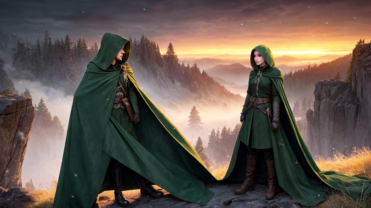 Figures in Green Cloaks on Rocky Ledge at Sunset