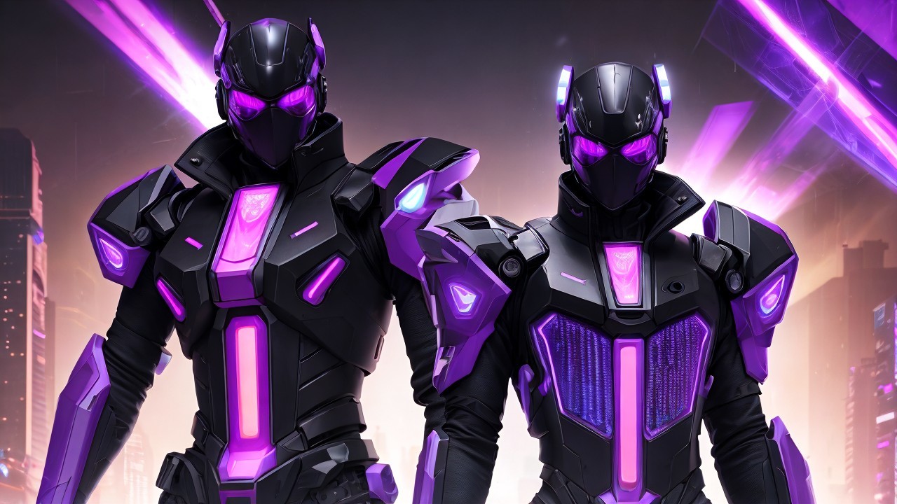 Futuristic Armored Figures in Neon Cityscape