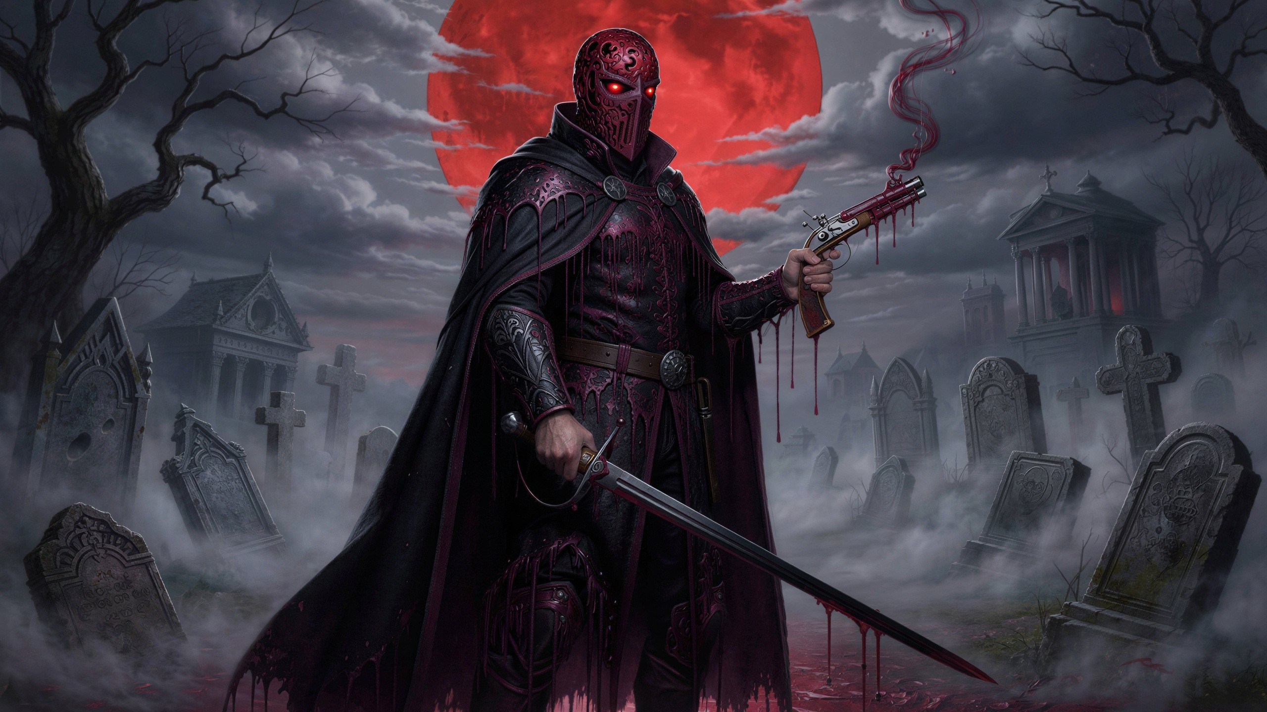 Medieval Fantasy Vampire Hunter in Blood-Red Graveyard