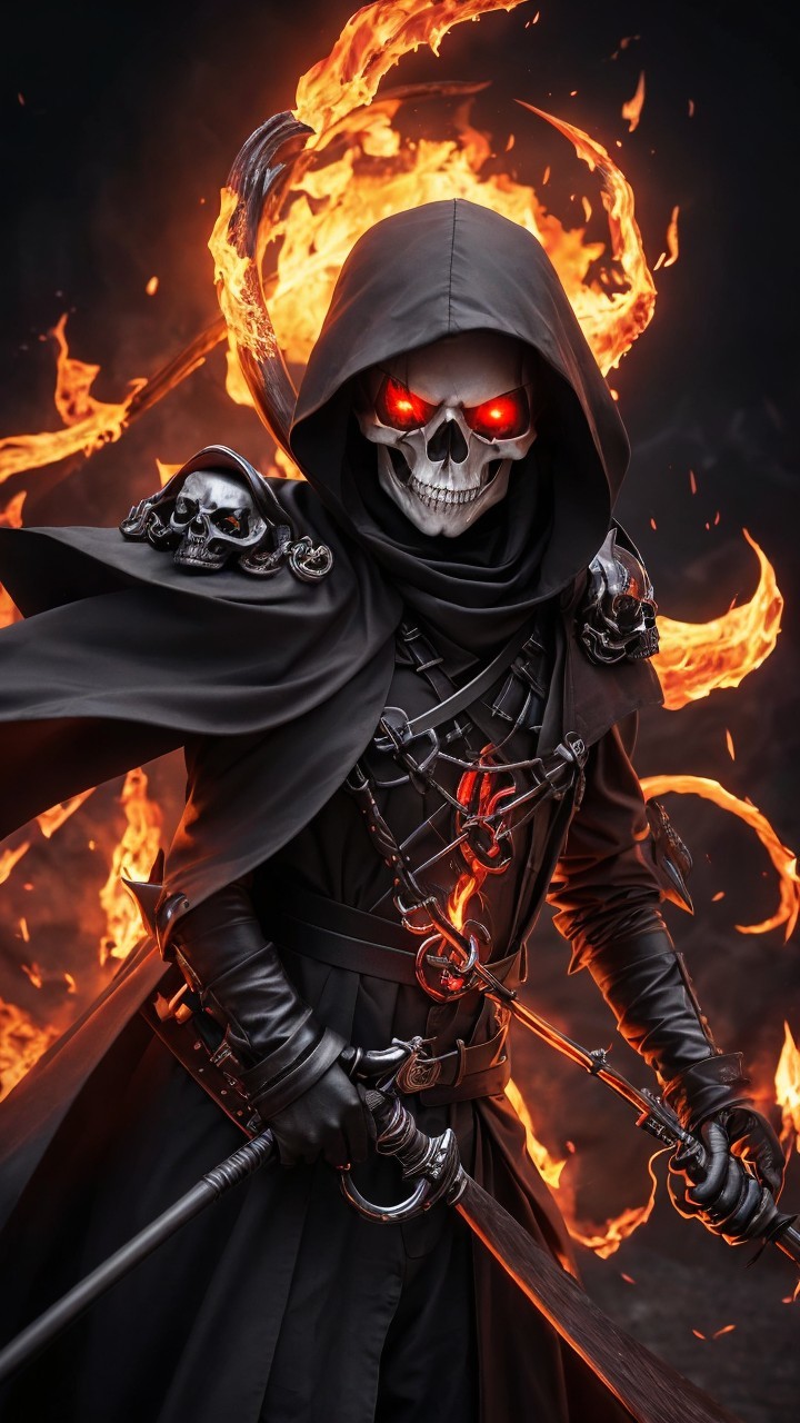 Cloaked Figure with Sword Surrounded by Flames