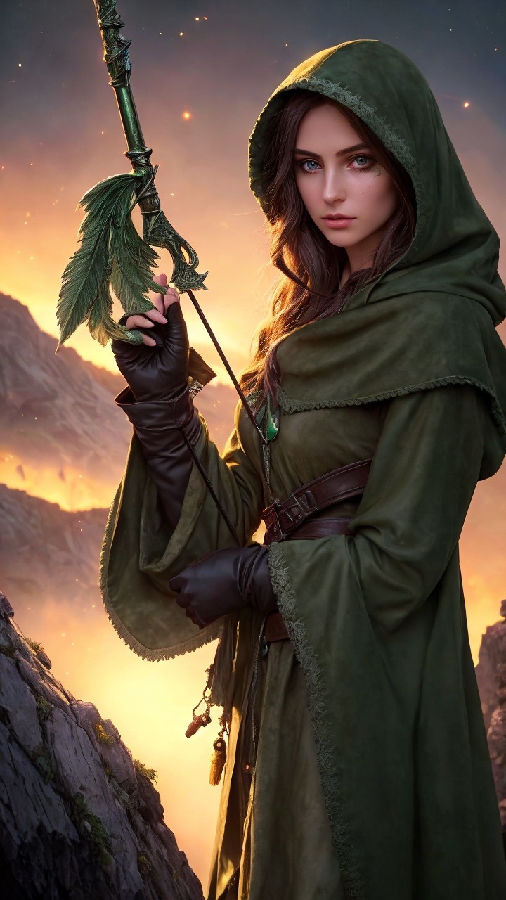 Mystical figure in green cloak before fiery mountains