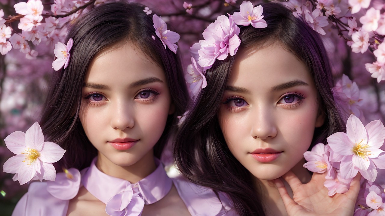 Serene Young Women in Cherry Blossom Garden Setting