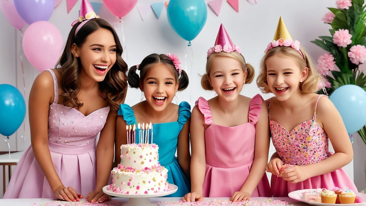 Birthday Celebration with Girls, Cake, and Balloons