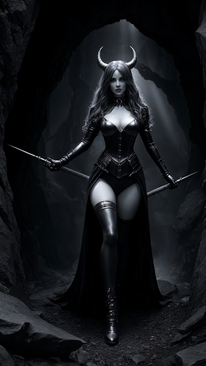 Mythical figure in dark cave with ethereal light