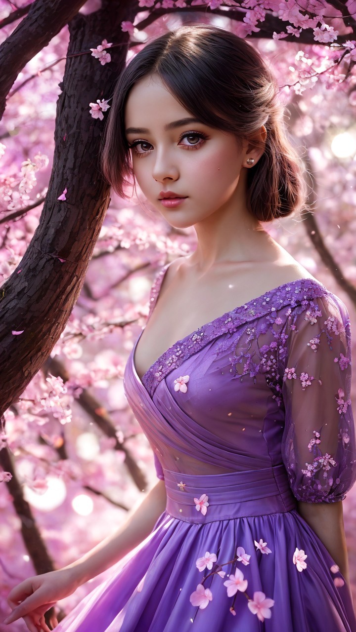 Young Woman in Purple Dress Under Cherry Blossoms
