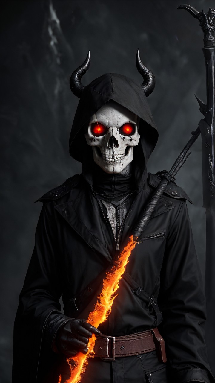 Mysterious cloaked figure with glowing skull and flames