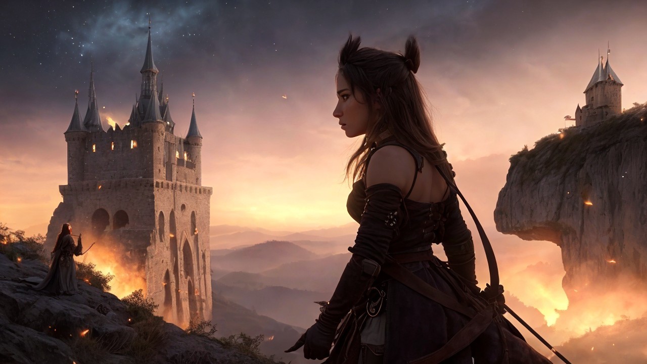 Twilight Landscape with Castle and Warrior Woman