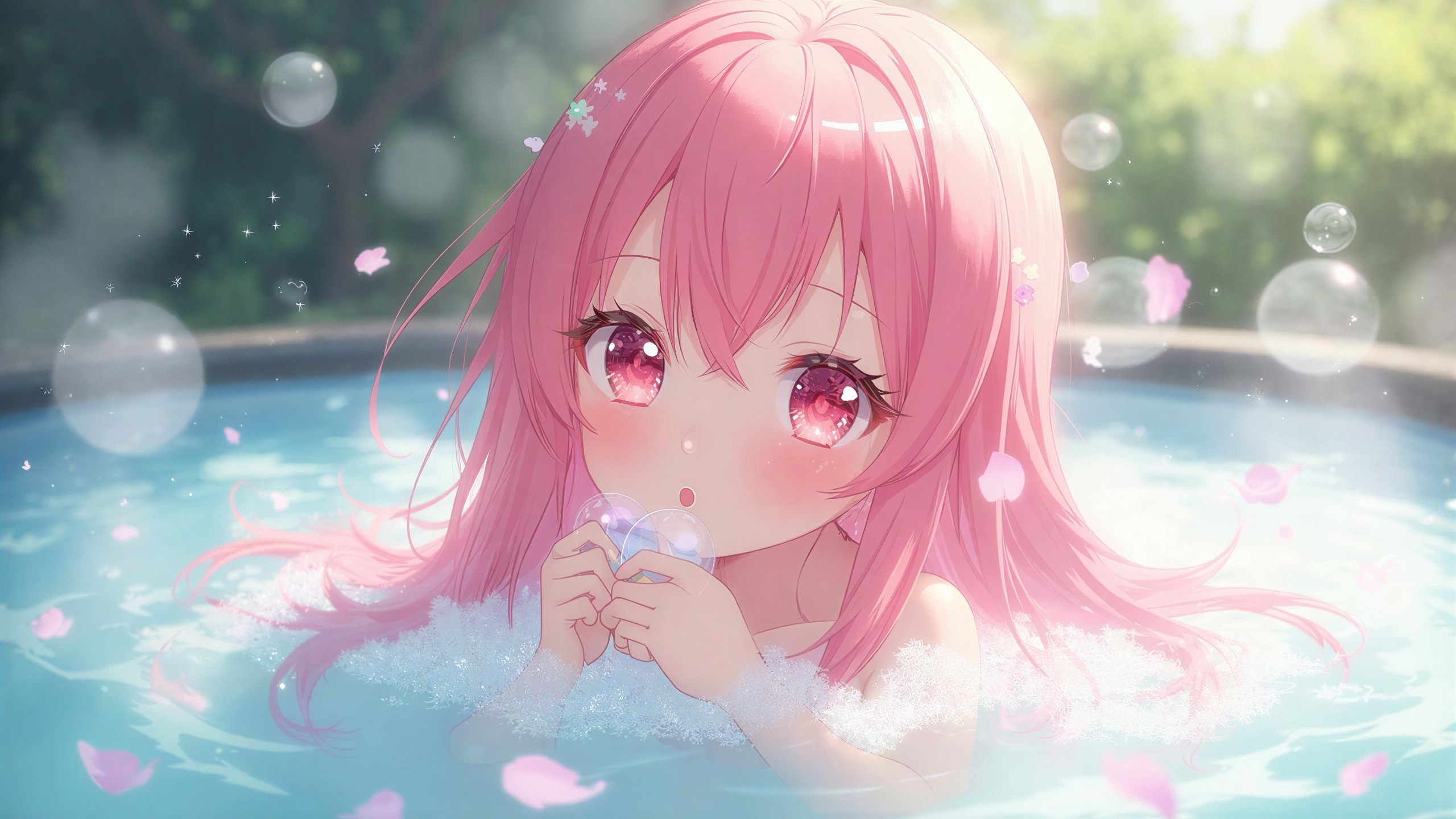 Anime Illustration of a Girl in a Hot Tub with Bubbles