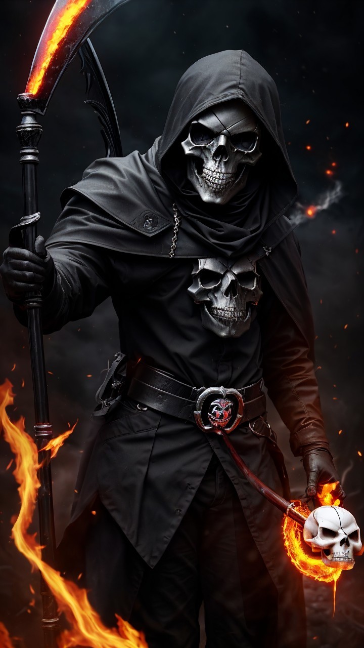 Menacing figure in dark robes with scythe and skull