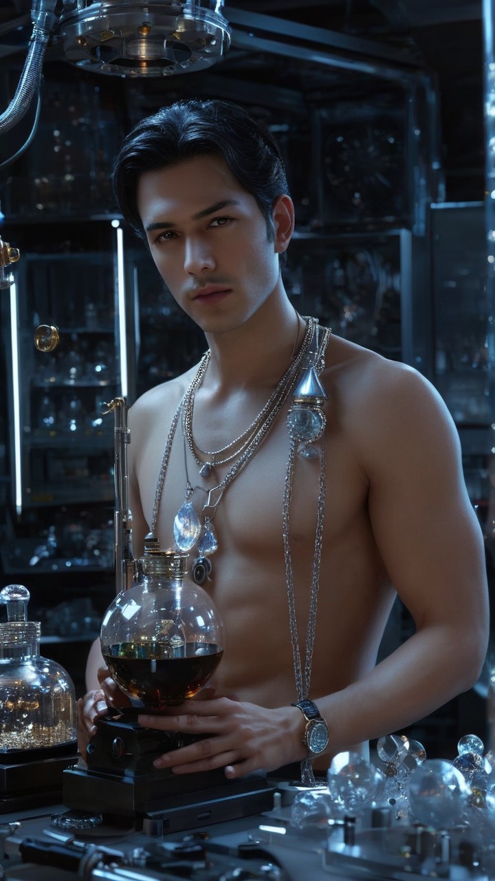 Young man in a dimly lit laboratory with necklaces