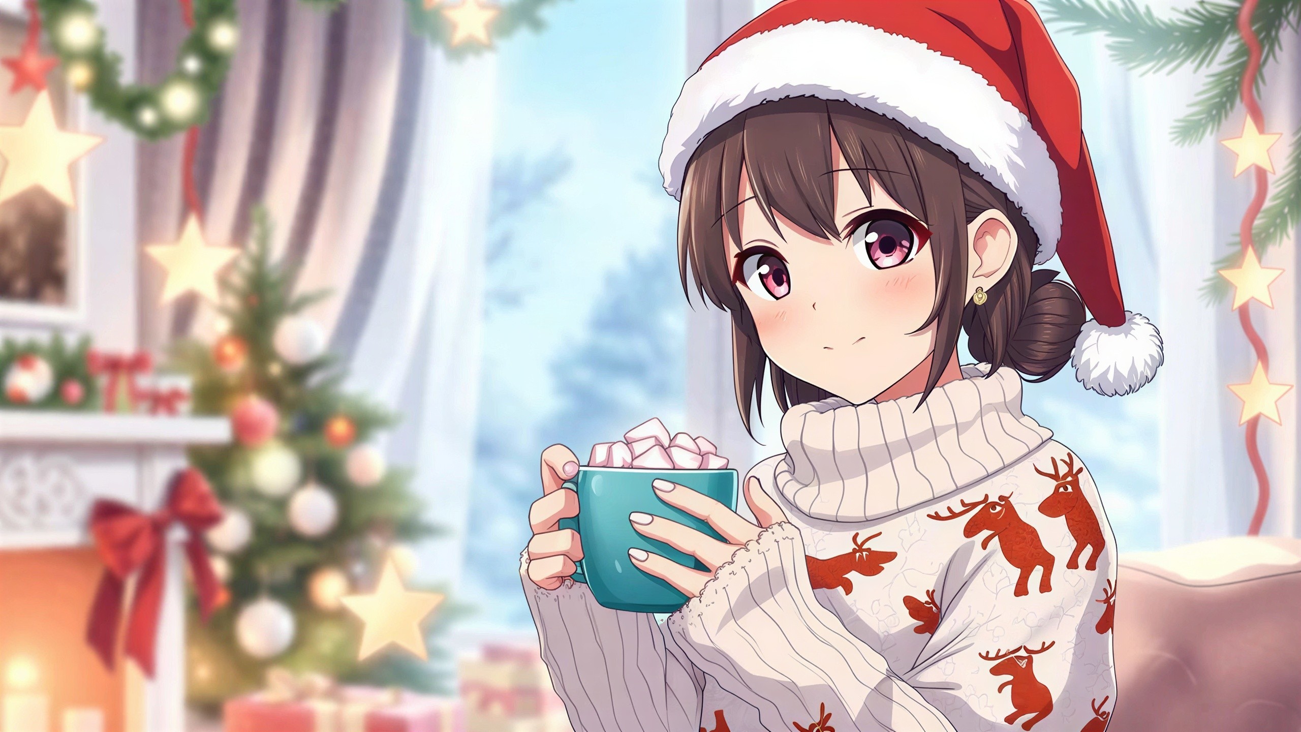 Cozy Christmas Scene with Anime Girl and Decorations