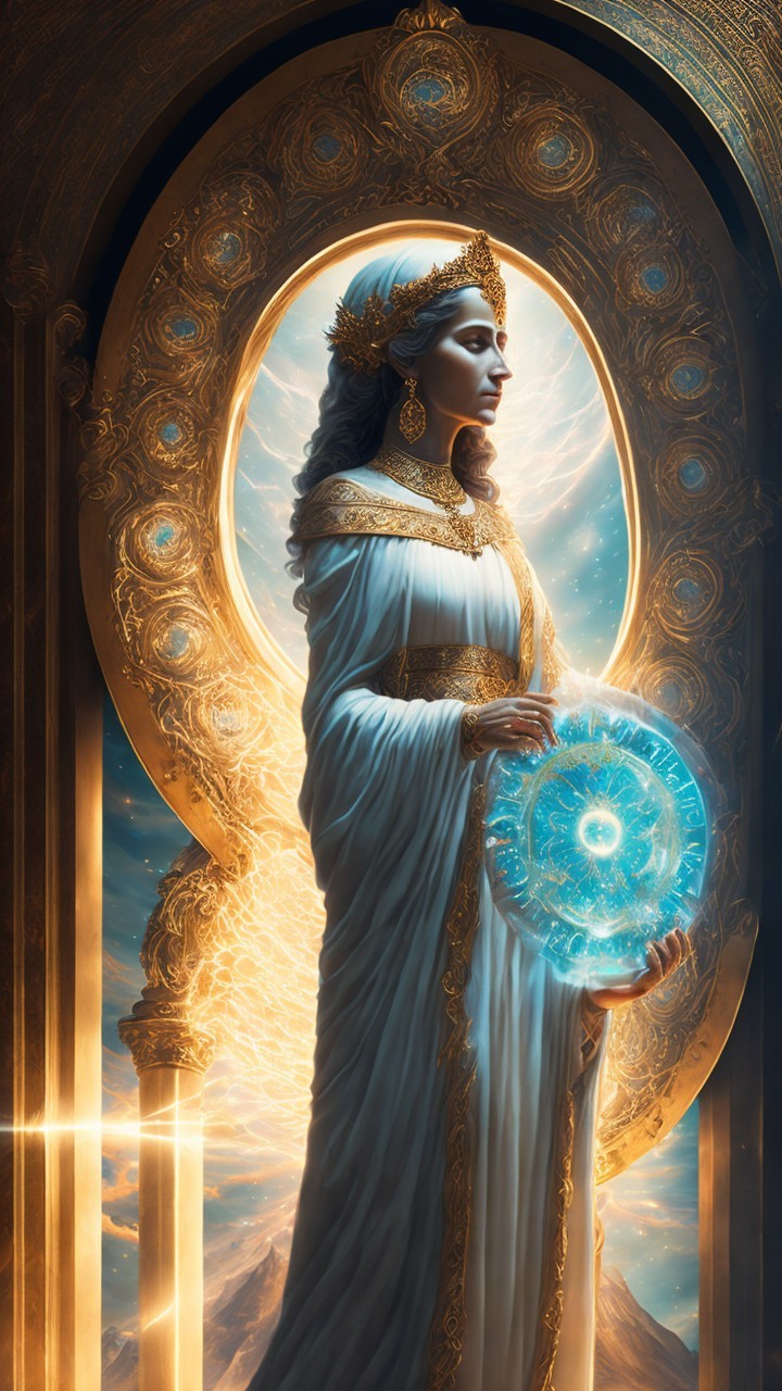 Majestic Figure in Golden Archway with Blue Orb
