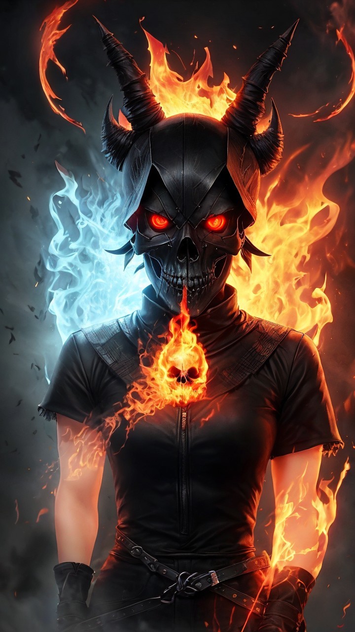Formidable figure in flames and icy mist with helmet