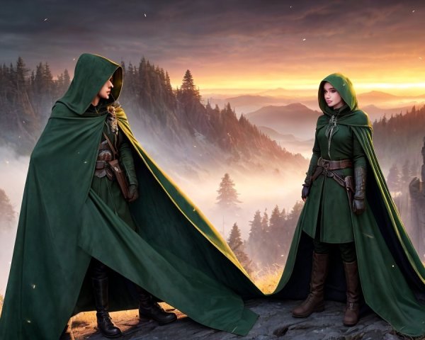 Figures in Green Cloaks on Rocky Ledge at Sunset
