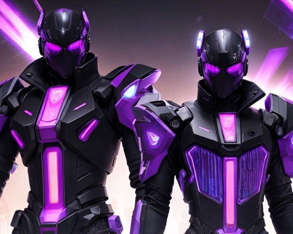 Futuristic Armored Figures in Neon Cityscape