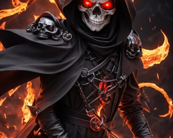 Cloaked Figure with Sword Surrounded by Flames