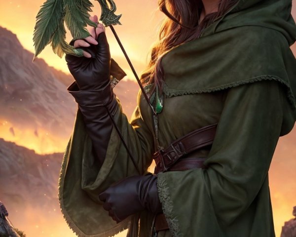 Mystical figure in green cloak before fiery mountains