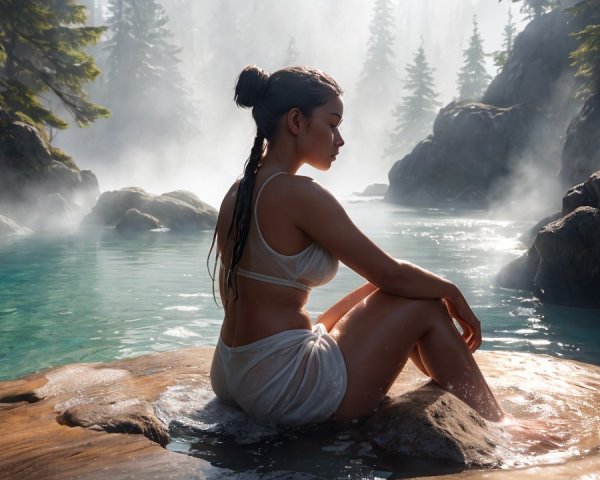 Serene Woman by Turquoise Thermal Lake in Nature