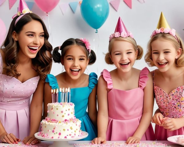 Birthday Celebration with Girls, Cake, and Balloons